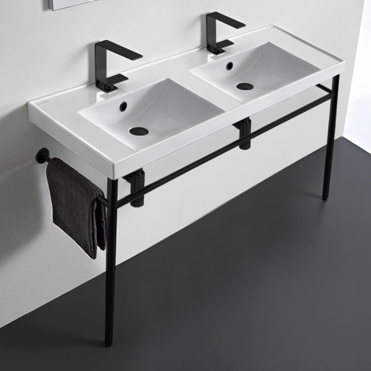Scarabeo 3006-CON-BLK-Two Hole Double Ceramic Console Sink and Matte Black Stand